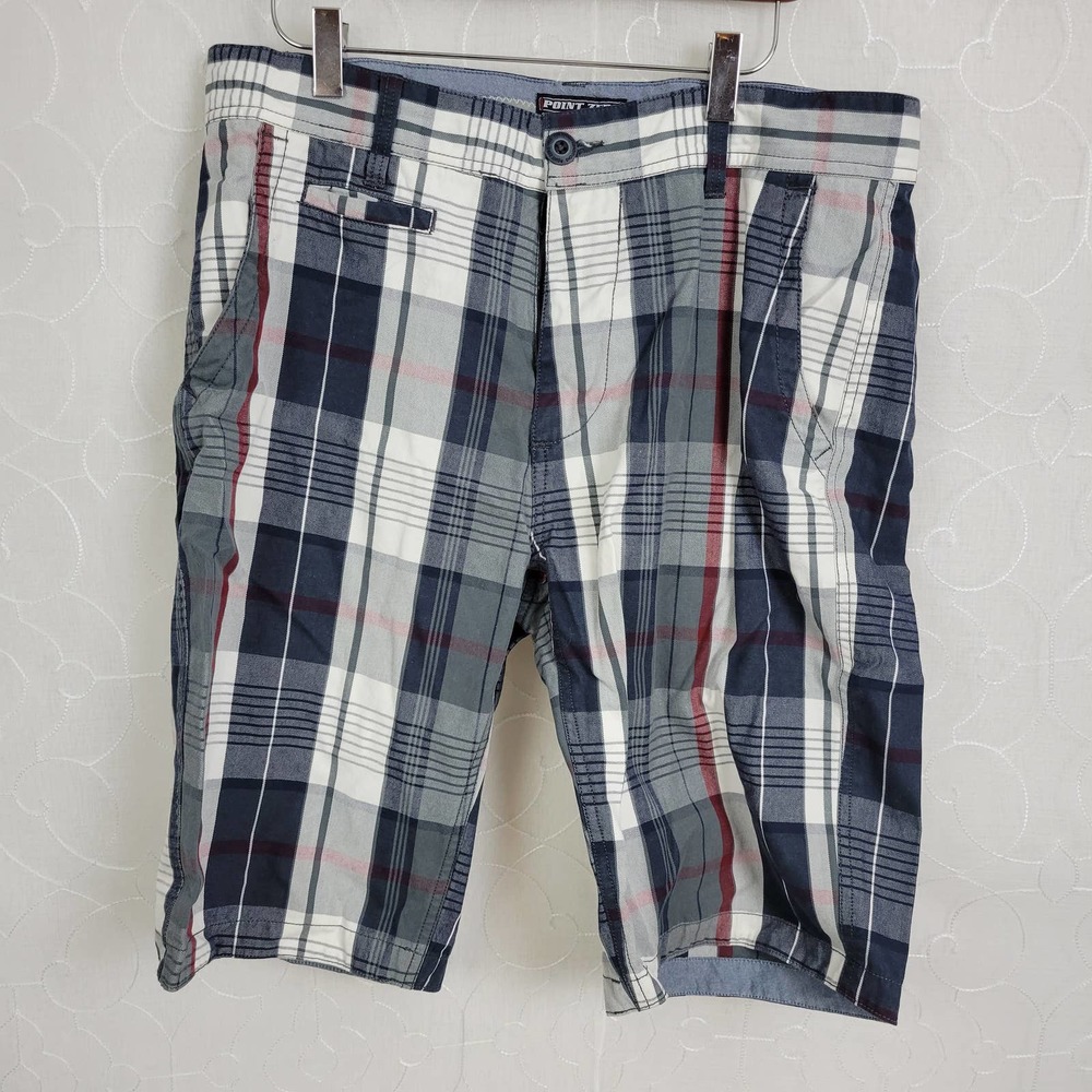 Point Zero Mens Shorts Size 34 Blue Plaid Standard Fit Button/Zip Closure